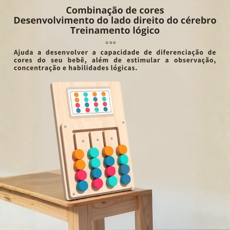 Jogo educativo Montessori de movimento das quatro cores com pe&ccedil;as coloridas em base de madeira e cartas ilustrativas.